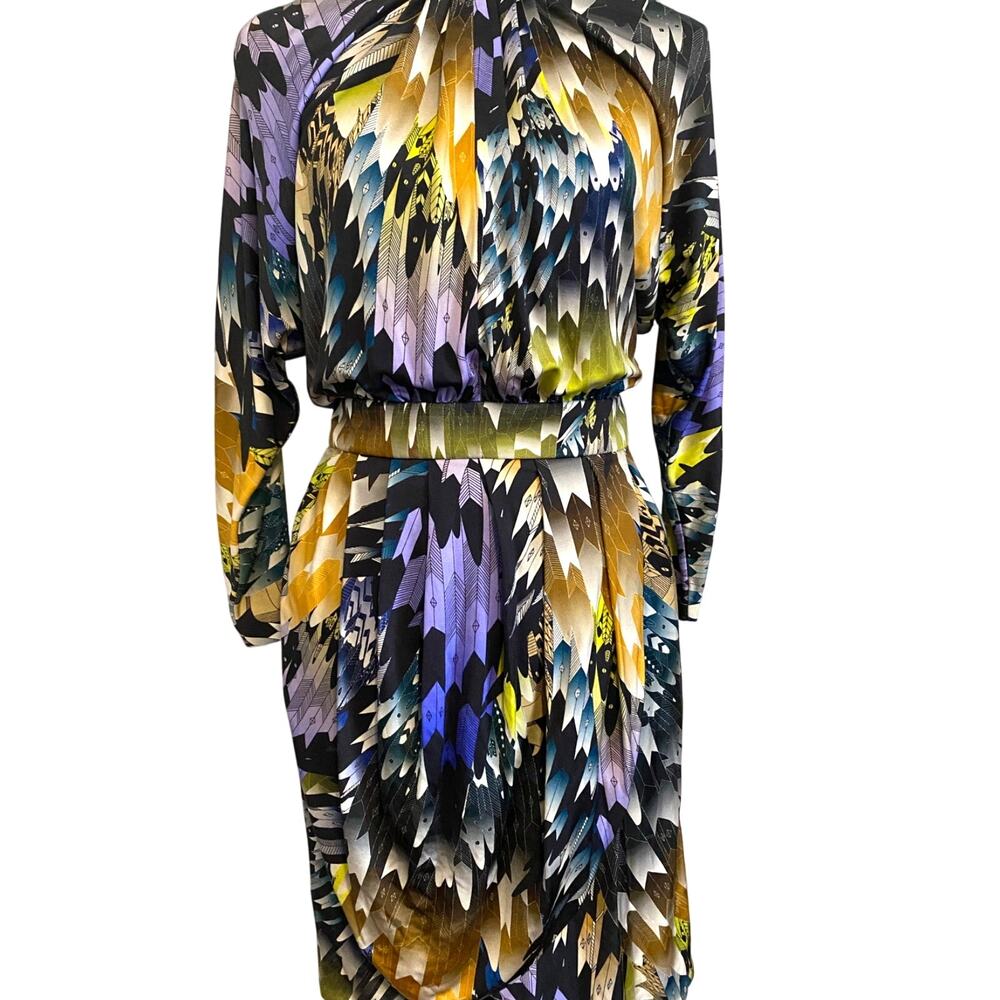 Matthew Williamson Dress Size 8 100% Silk Italy Colorful Feathers Long Sleeve